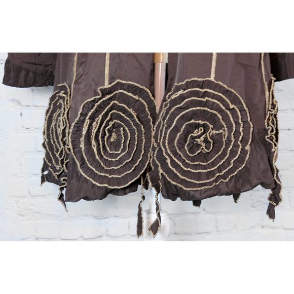 L33 Brown Fitted Coat/Jacket with Tan Stitching, Fleece Lining, & Roses - Picture 6 of 11